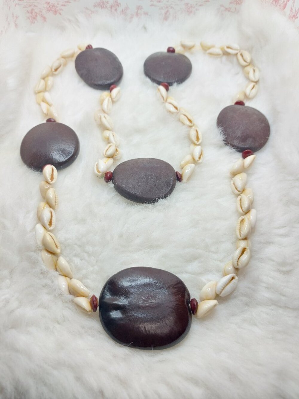 Vintage Hawaiian-Style Cowrie Shell Necklace with Large Dark Wood Seed Beads